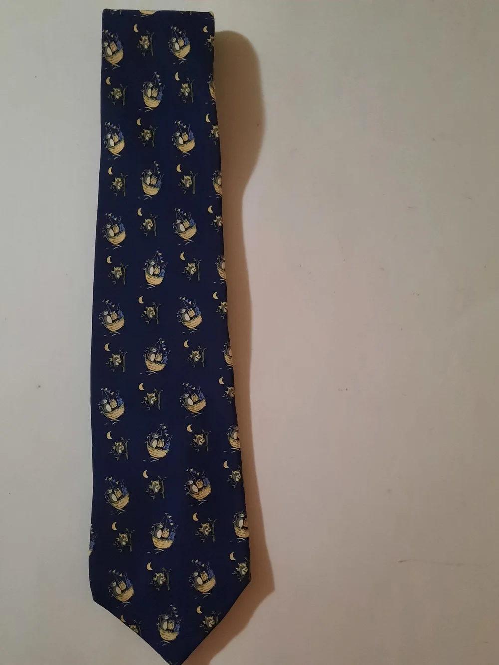 Charleston Tie Rack Navy Blue 100% Silk Whimsical Owl & Moon Print Men's Tie
